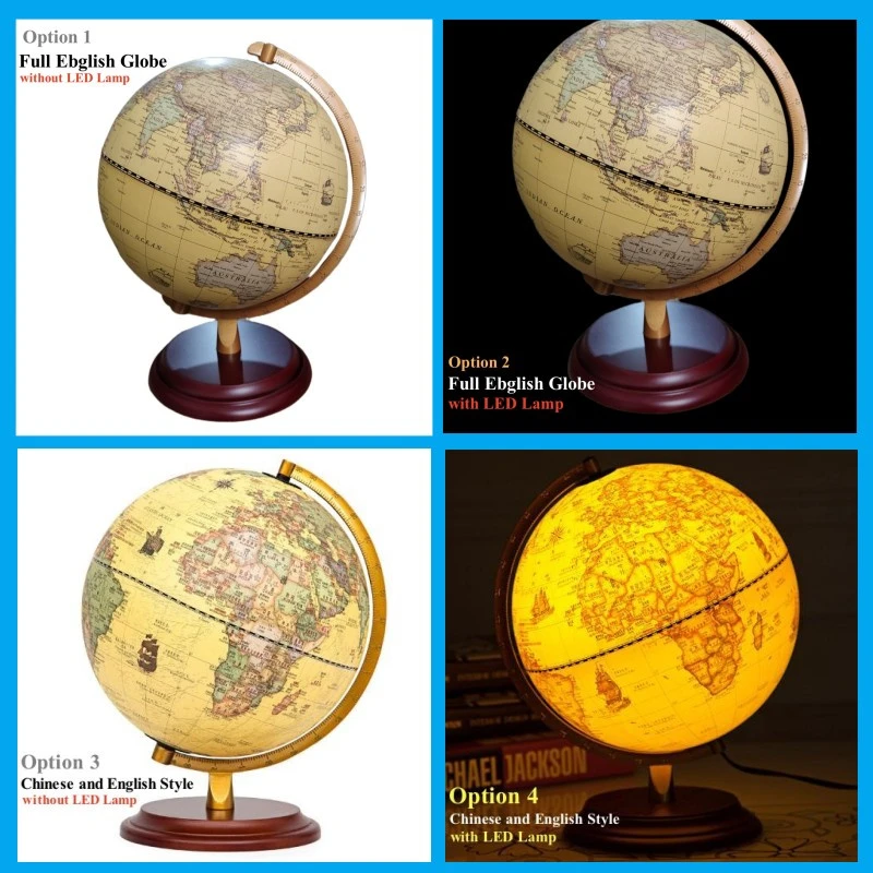 Sphere 20cm English Chinese World Globe HD Printed LED Lamp Classical Globe Redwood Base ABS 360 Living Room Crafts