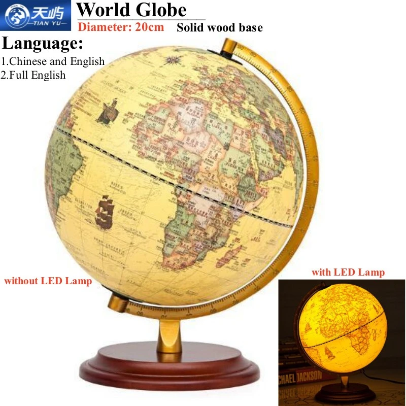 Sphere 20cm English Chinese World Globe HD Printed LED Lamp Classical Globe Redwood Base ABS 360 Living Room Crafts