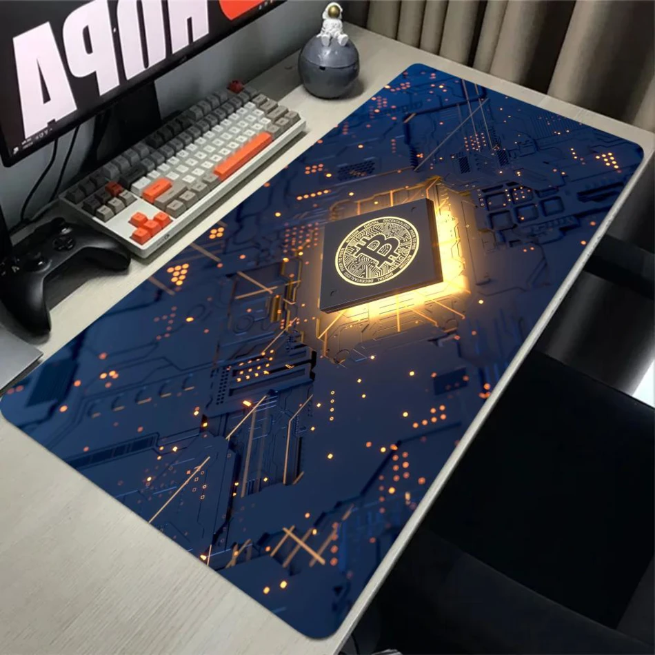 Large Bitcoin Gaming Mouse Pad with Stitched Edges and Anti-Slip Rubber Base. This extra-large, durable computer desk mat provides a smooth surface for precision gaming and work.