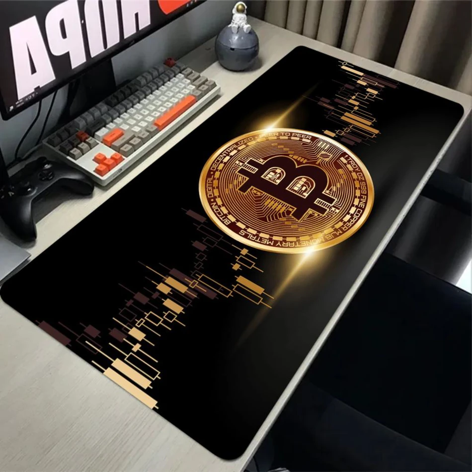 Large Bitcoin Gaming Mouse Pad with Stitched Edges and Anti-Slip Rubber Base. This extra-large, durable computer desk mat provides a smooth surface for precision gaming and work.