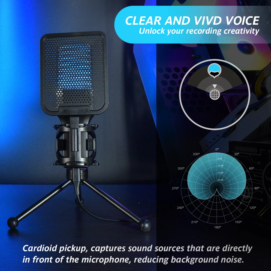 Professional Microphone Condenser Gaming Mic USB Wired Streaming Studio Podcast Kit RGB PC Karaoke