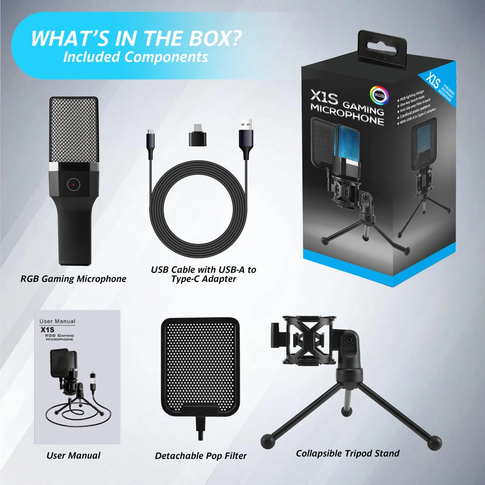 Professional Microphone Condenser Gaming Mic USB Wired Streaming Studio Podcast Kit RGB PC Karaoke