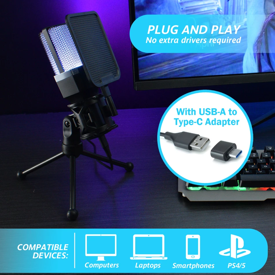 Professional Microphone Condenser Gaming Mic USB Wired Streaming Studio Podcast Kit RGB PC Karaoke