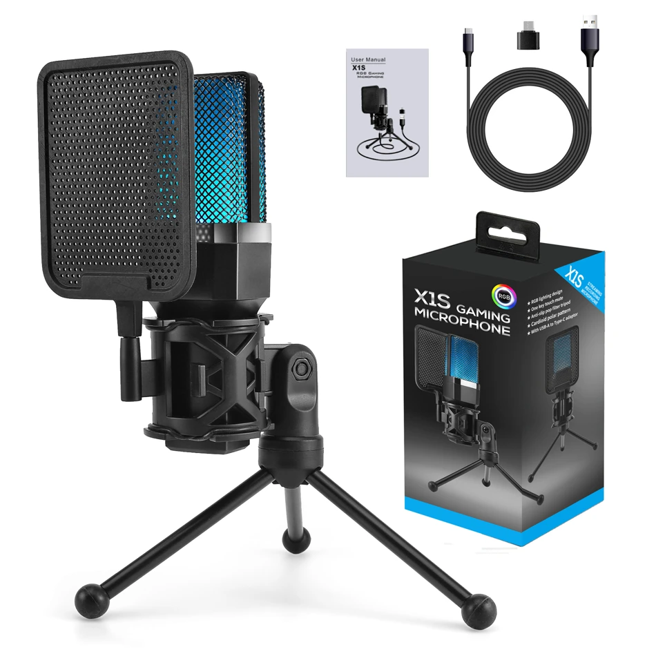 Professional Microphone Condenser Gaming Mic USB Wired Streaming Studio Podcast Kit RGB PC Karaoke
