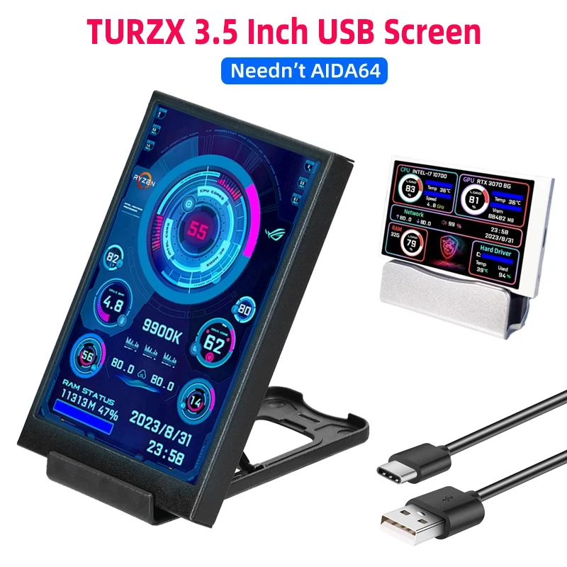 TURZX 3.5 5 Inch IPS USB Secondary Screen Computer CPU GPU RAM HDD Monitor Type C Display NO AIDA64 LCD Windows 10 11