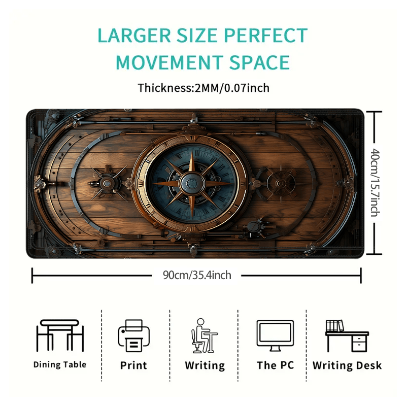 XXL Vintage Steampunk Compass Design Mouse Pad Large Gaming Office Desk Mat Non-Slip Stitched Edges for Gamers and Home Office