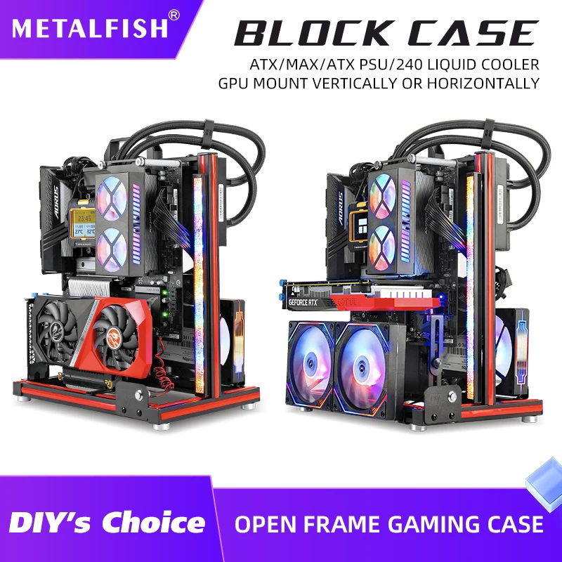 METALFISH BlockCase Aluminum Open Frame PC Case ATX M-ATX Motherboard Horizontal GPU Mount 240 Water Cooler Gaming Chassis