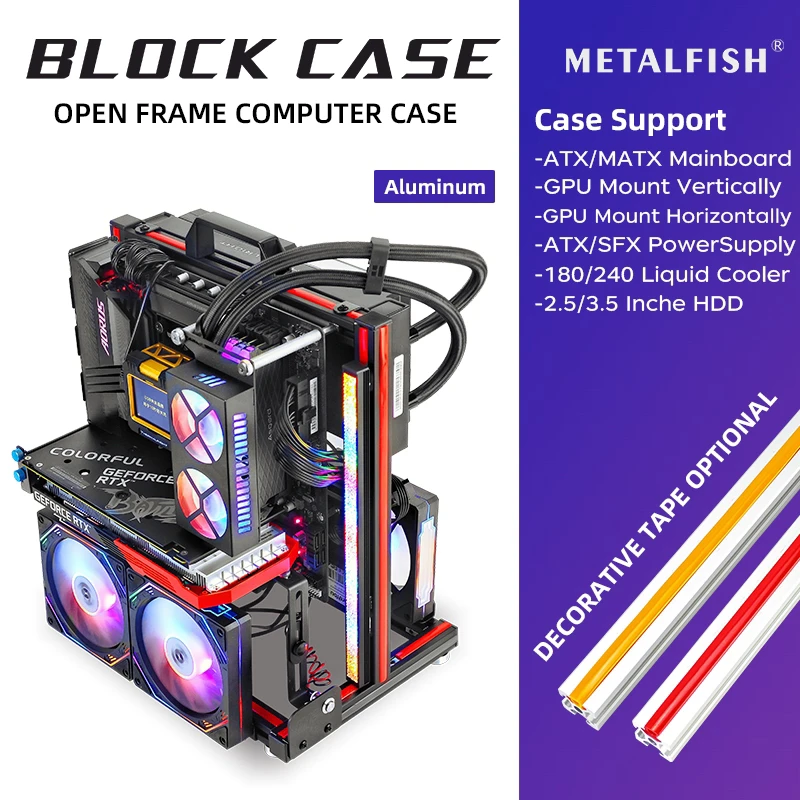 METALFISH BlockCase Aluminum Open Frame PC Case ATX M-ATX Motherboard Horizontal GPU Mount 240 Water Cooler Gaming Chassis