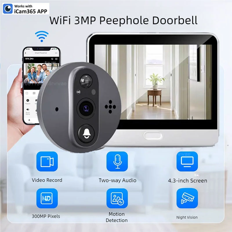 Yuezhe 3MP Wireless Doorbell with Monitor, WiFi Doorbell IP Peephole Camera, 5000mAh Battery, PIR Motion Detector, IR, Digital Display