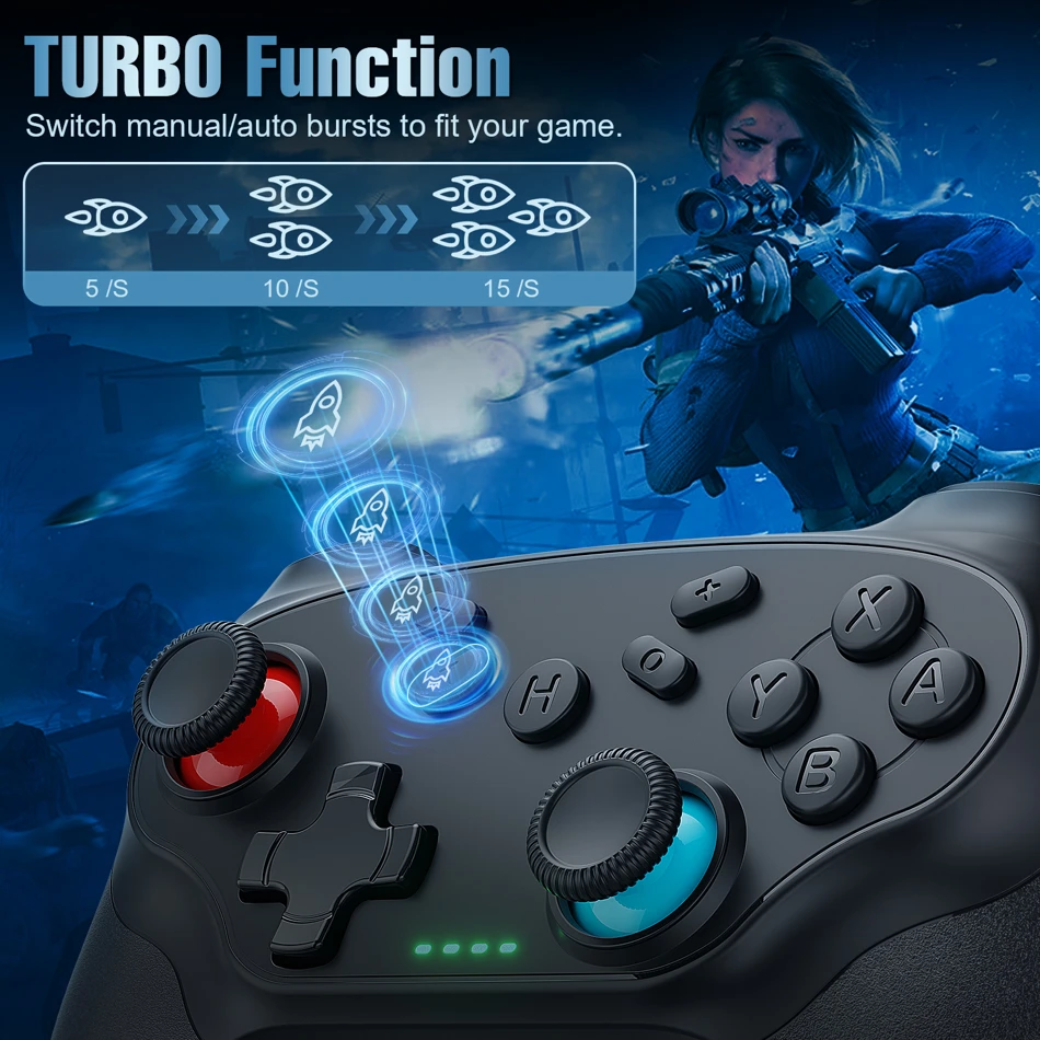 Wireless Pro Game Controller with Turbo Function for Nintendo Switch, OLED, and PC. Bluetooth gamepad featuring ergonomic design and precise controls for seamless gaming.