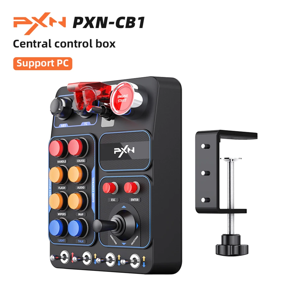 PXN CB1 Racing Game Central Control Box for PC featuring 30 programmable buttons and a sturdy mounting fixture for a professional simulation gaming setup.