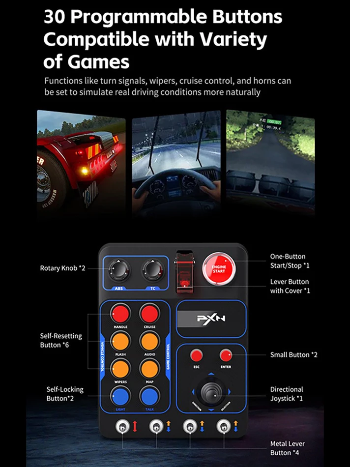 PXN CB1 Racing Game Central Control Box for PC featuring 30 programmable buttons and a sturdy mounting fixture for a professional simulation gaming setup.