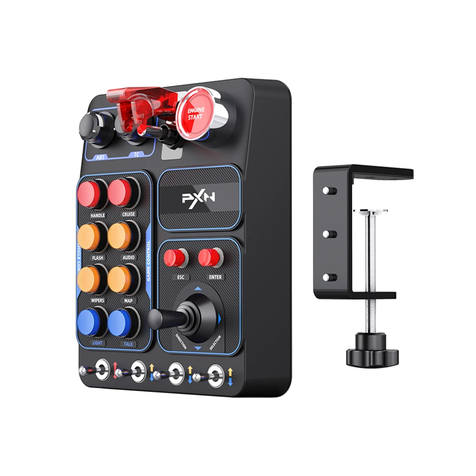 PXN CB1 Racing Game Central Control Box for PC featuring 30 programmable buttons and a sturdy mounting fixture for a professional simulation gaming setup.