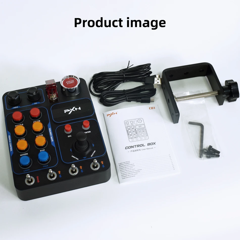 PXN CB1 Racing Game Central Control Box for PC featuring 30 programmable buttons and a sturdy mounting fixture for a professional simulation gaming setup.