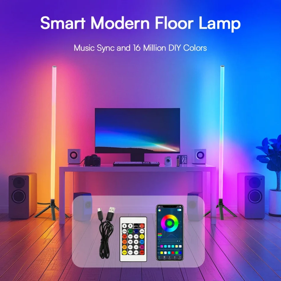 360° Dimmable Floor Lamp 103cm RGB USB Lights For Gaming Living Room Bedroom Corner Light with Bluetooth App & Remote Control