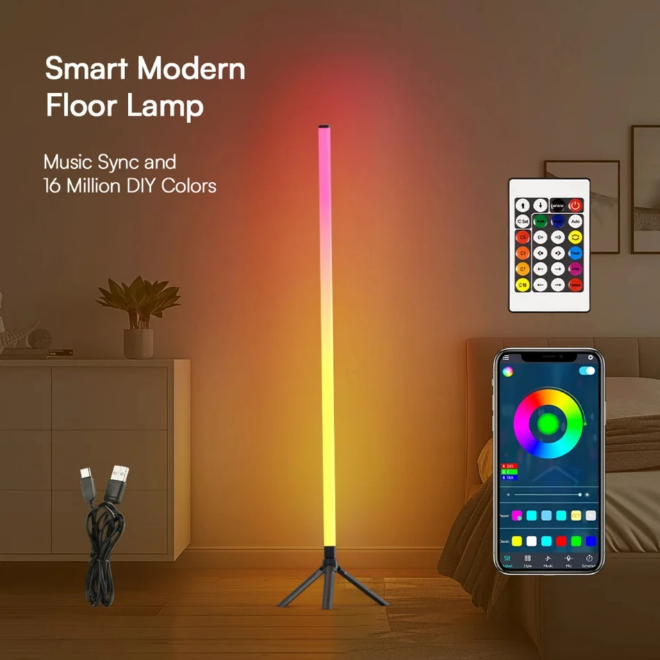 360° Dimmable Floor Lamp 103cm RGB USB Lights For Gaming Living Room Bedroom Corner Light with Bluetooth App & Remote Control