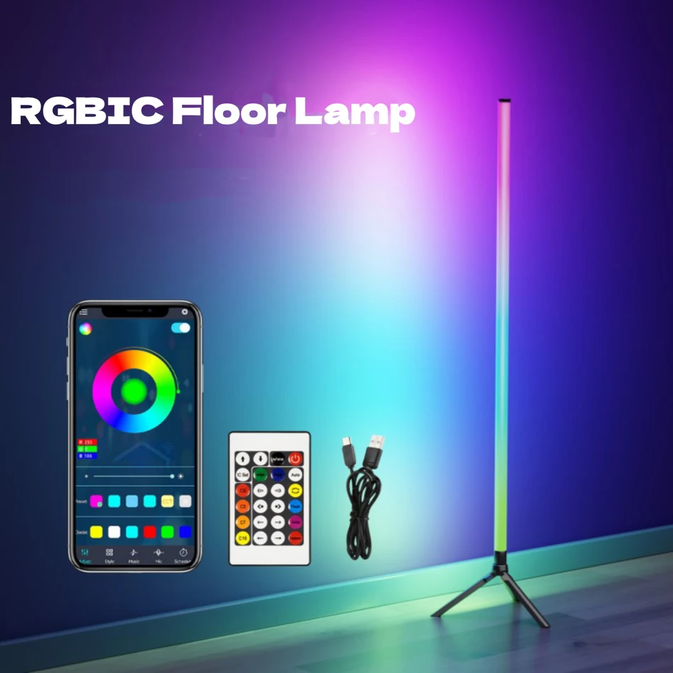 360° Dimmable Floor Lamp 103cm RGB USB Lights For Gaming Living Room Bedroom Corner Light with Bluetooth App & Remote Control