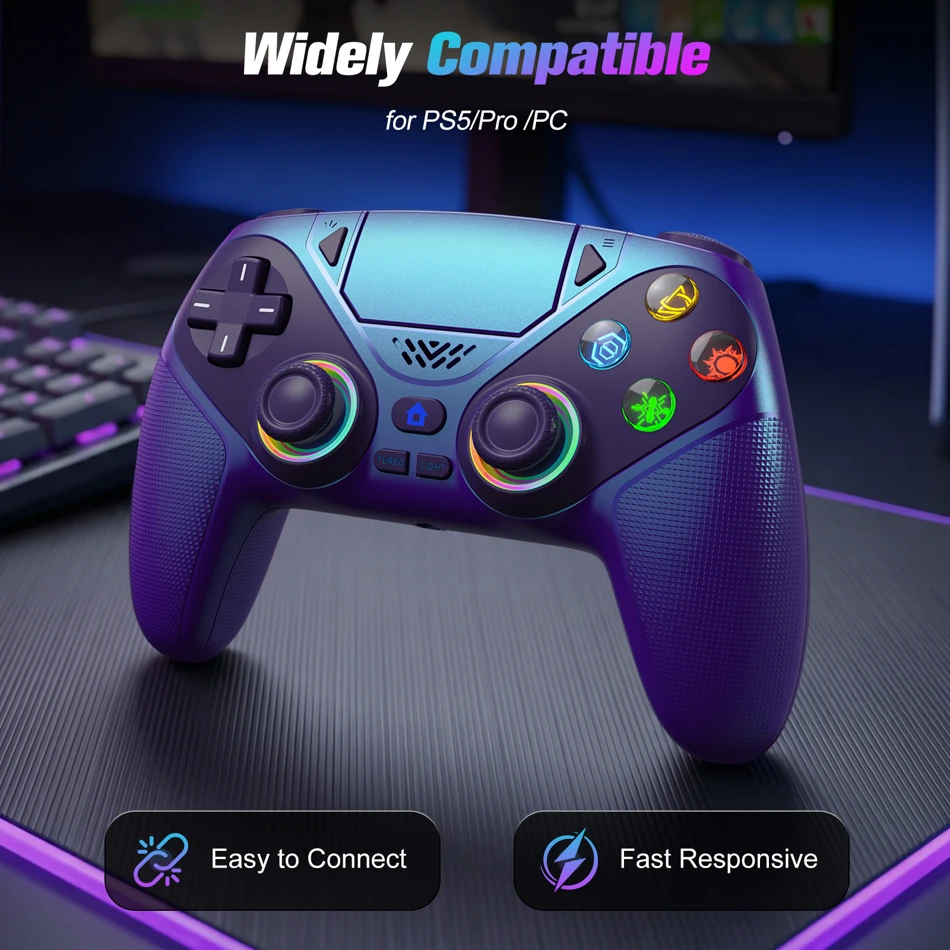 Wireless RGB Gaming Controller for PS5, PS5 Pro, PS5 Slim, and PC featuring dual vibration, programmable macro buttons, turbo function, and precise 3D joysticks.