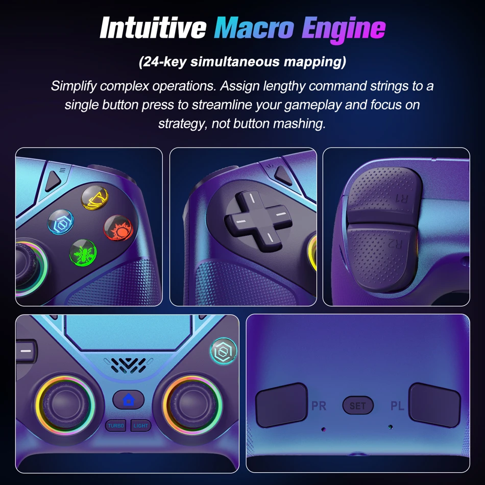Wireless RGB Gaming Controller for PS5, PS5 Pro, PS5 Slim, and PC featuring dual vibration, programmable macro buttons, turbo function, and precise 3D joysticks.