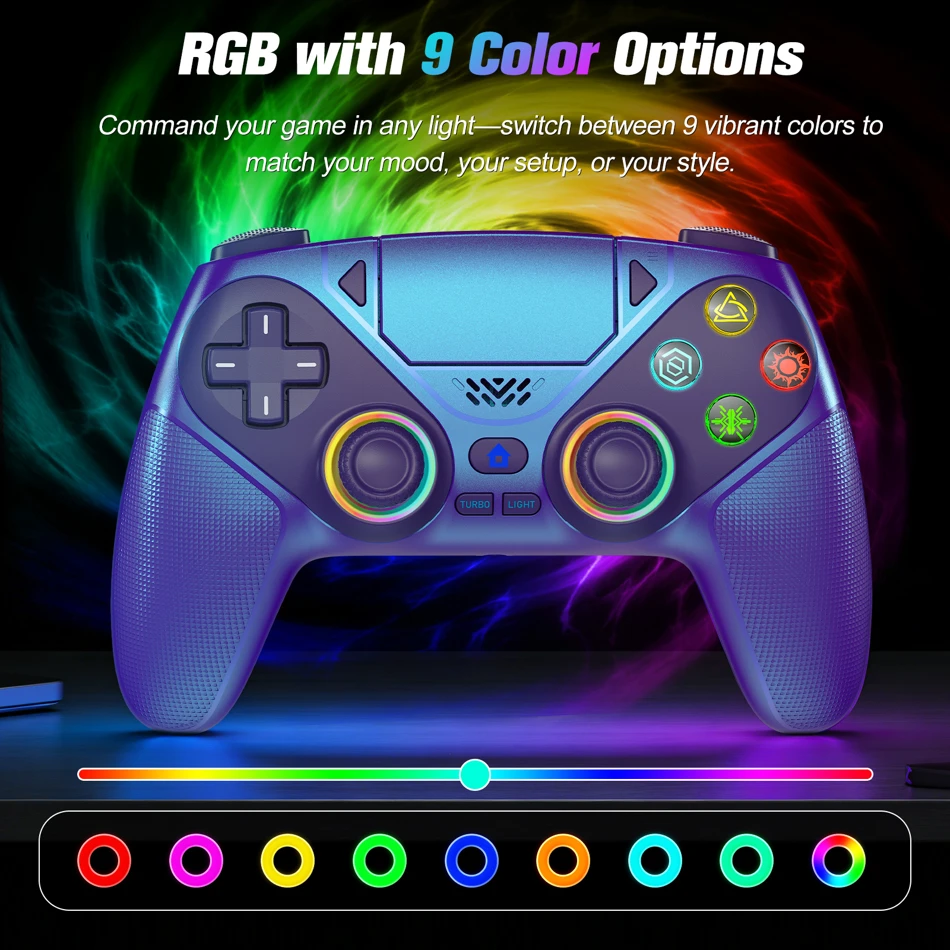 Wireless RGB Gaming Controller for PS5, PS5 Pro, PS5 Slim, and PC featuring dual vibration, programmable macro buttons, turbo function, and precise 3D joysticks.