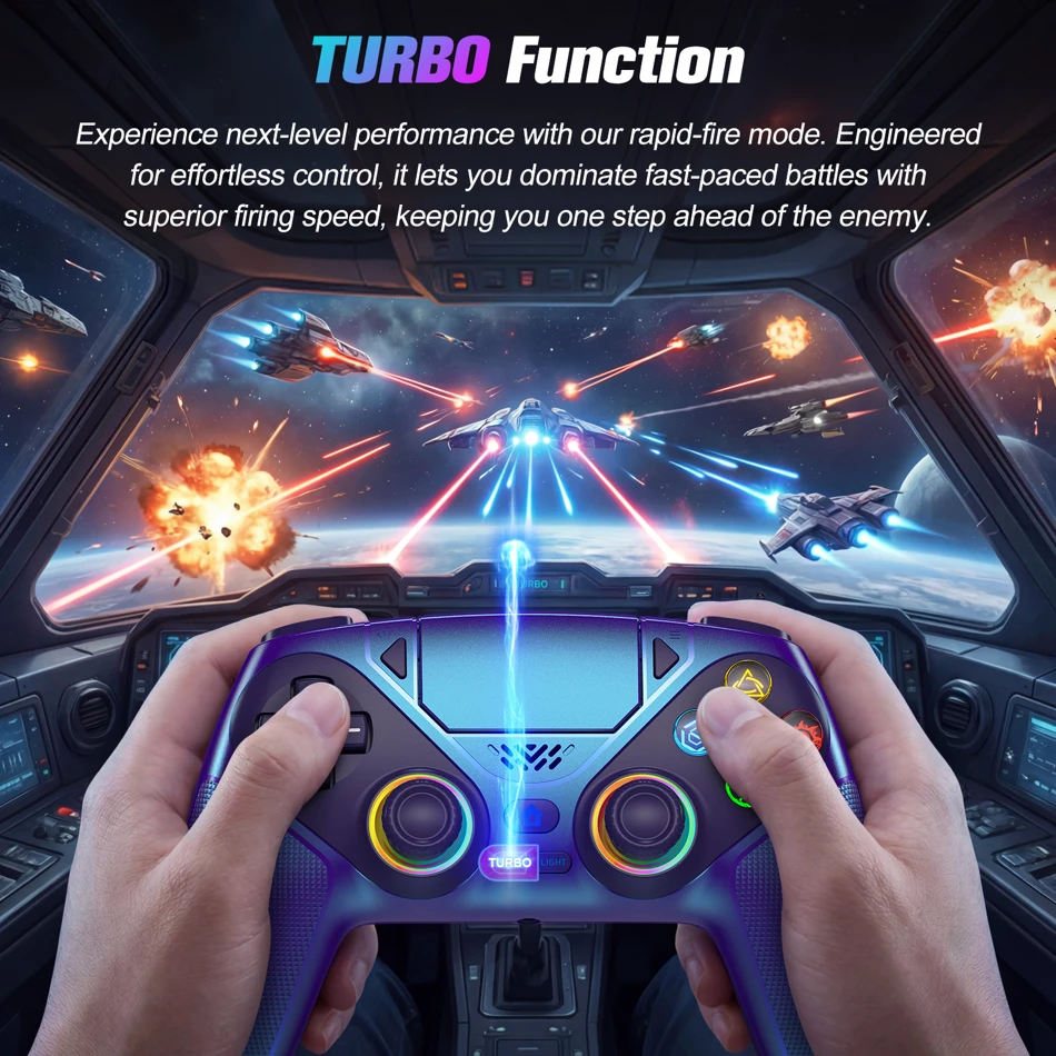 Wireless RGB Gaming Controller for PS5, PS5 Pro, PS5 Slim, and PC featuring dual vibration, programmable macro buttons, turbo function, and precise 3D joysticks.