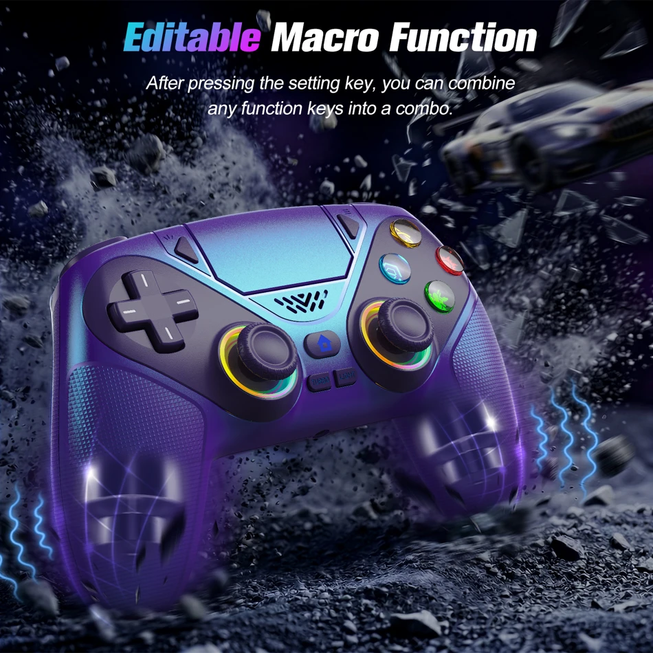 Wireless RGB Gaming Controller for PS5, PS5 Pro, PS5 Slim, and PC featuring dual vibration, programmable macro buttons, turbo function, and precise 3D joysticks.