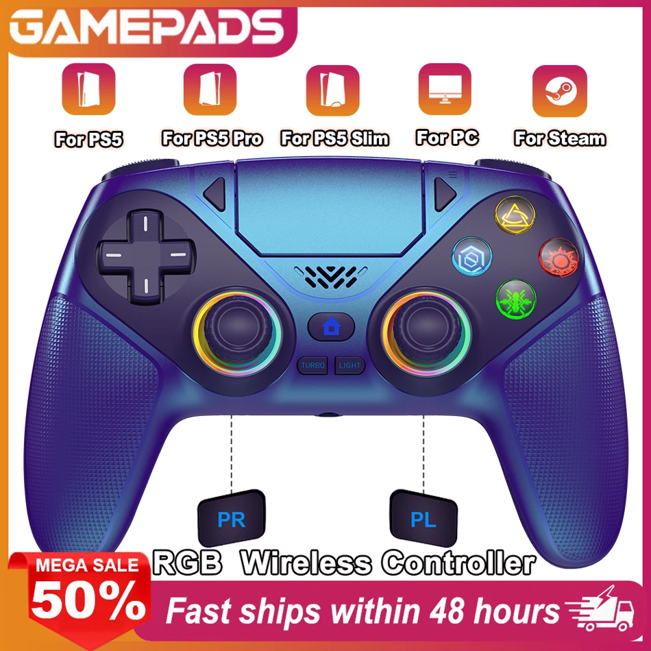 Wireless RGB Gaming Controller for PS5, PS5 Pro, PS5 Slim, and PC featuring dual vibration, programmable macro buttons, turbo function, and precise 3D joysticks.