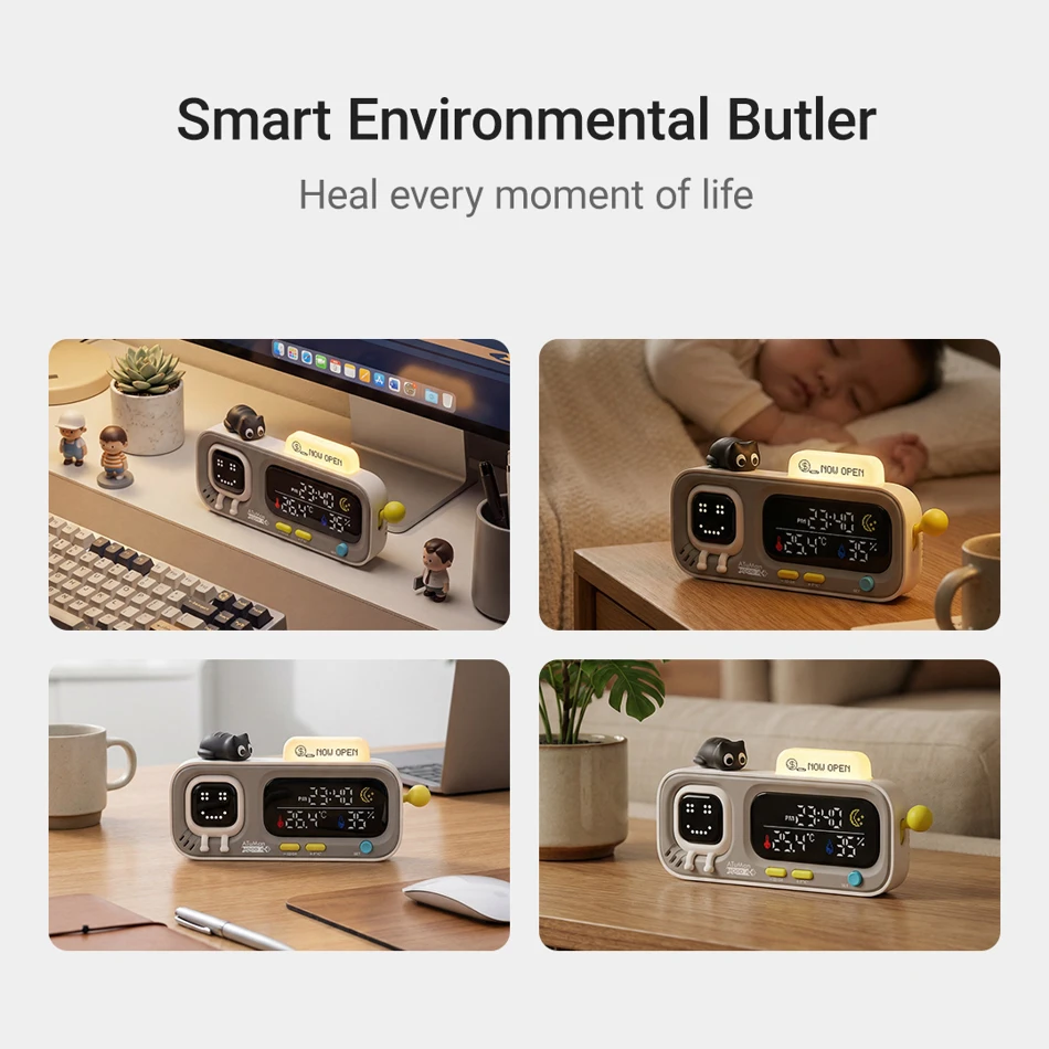 DUKA MOODA Smart Desktop Temperature and Humidity Clock, Digital Thermo-Hygrometer Meter with Smart Fun Reminder