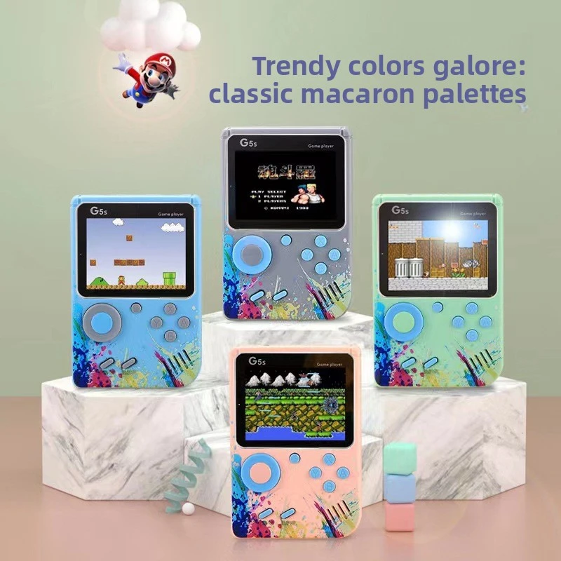 G5 Handheld Retro Game Console with 500 Classic Games, Colorful Display, Dual Player Support, and TV Output for Portable Nostalgic Gaming.