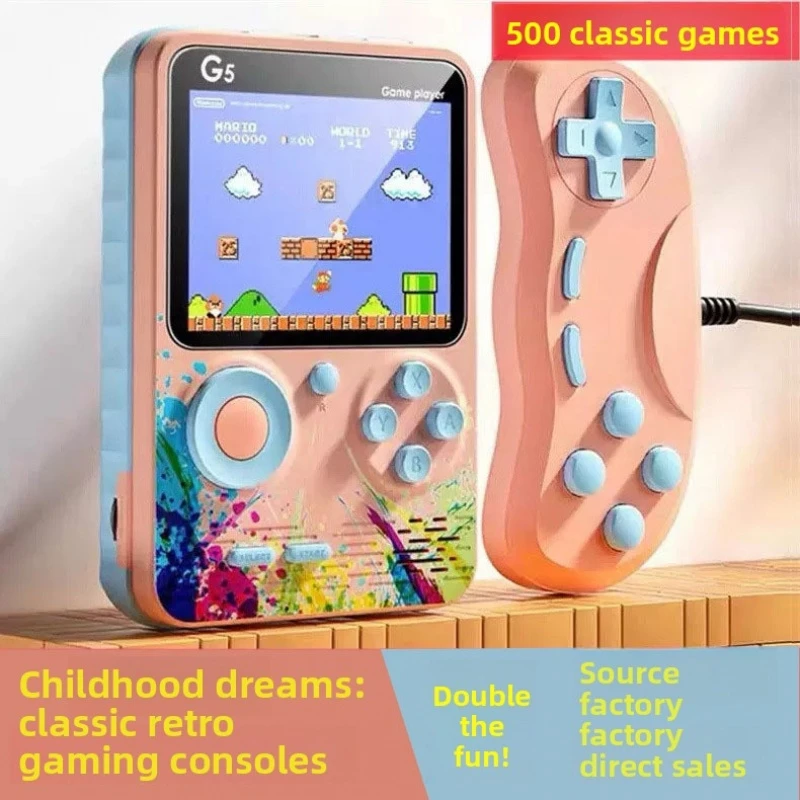 G5 Handheld Retro Game Console with 500 Classic Games, Colorful Display, Dual Player Support, and TV Output for Portable Nostalgic Gaming.