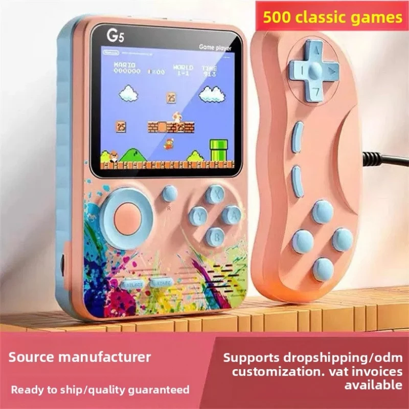 G5 Handheld Retro Game Console with 500 Classic Games, Colorful Display, Dual Player Support, and TV Output for Portable Nostalgic Gaming.