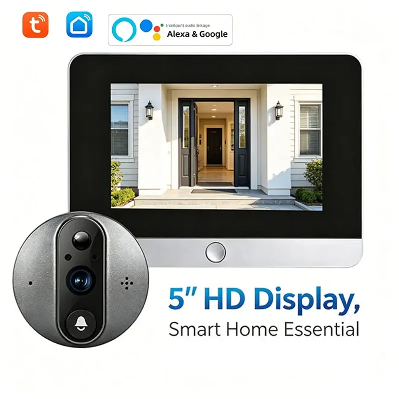 Tuya WiFi Wireless Smart Doorbell Camera Video, 5-inch screen, 10000mAh battery, PIR motion alarm, Alexa compatible