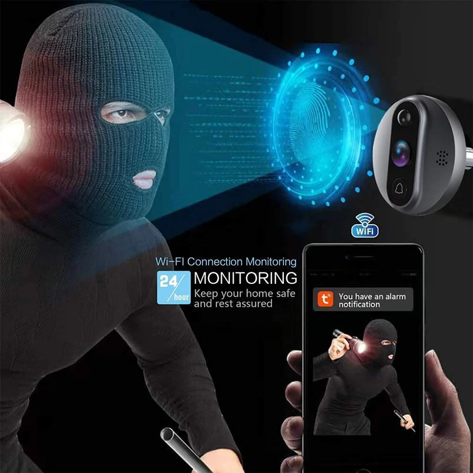 Tuya WiFi Wireless Smart Doorbell Camera Video, 5-inch screen, 10000mAh battery, PIR motion alarm, Alexa compatible