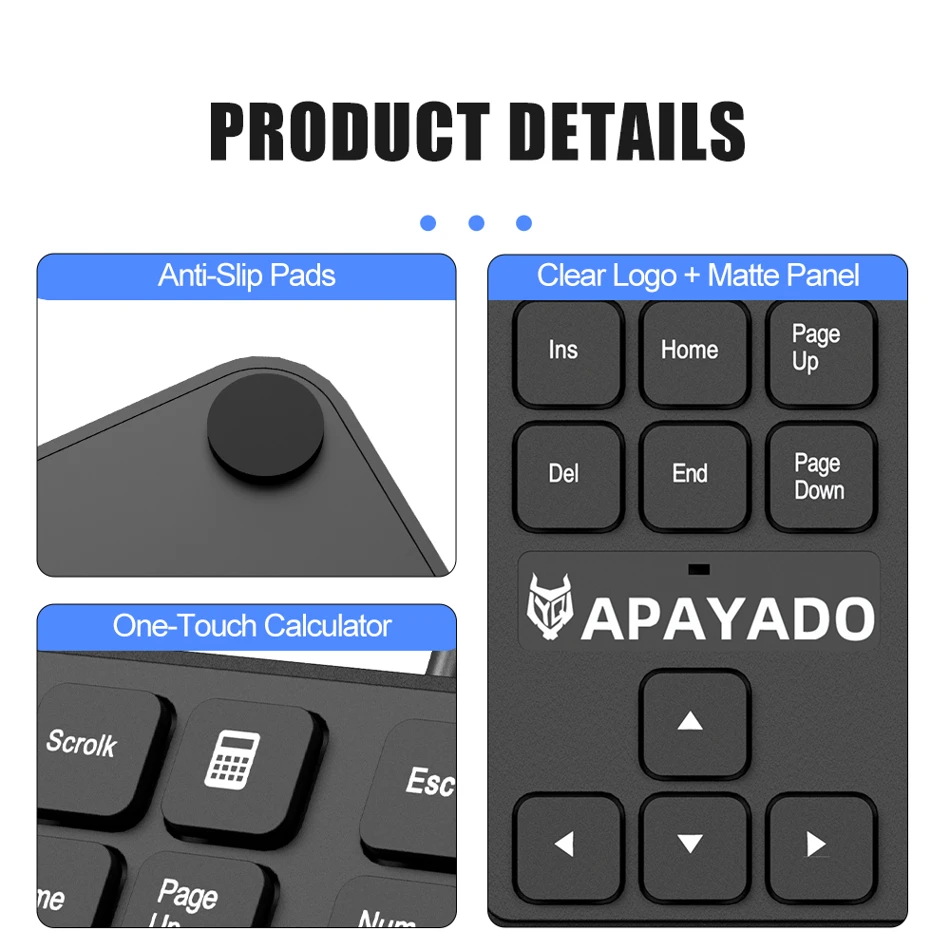 APAYADO T35 Slim Wired Numeric Keypad 34-Key USB Number Pad with Ergonomic Design Anti-Slip Base for Finance Accounting Finance