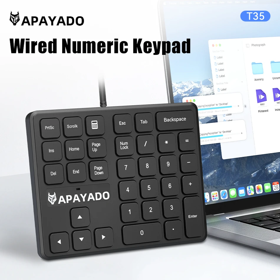 APAYADO T35 Slim Wired Numeric Keypad 34-Key USB Number Pad with Ergonomic Design Anti-Slip Base for Finance Accounting Finance