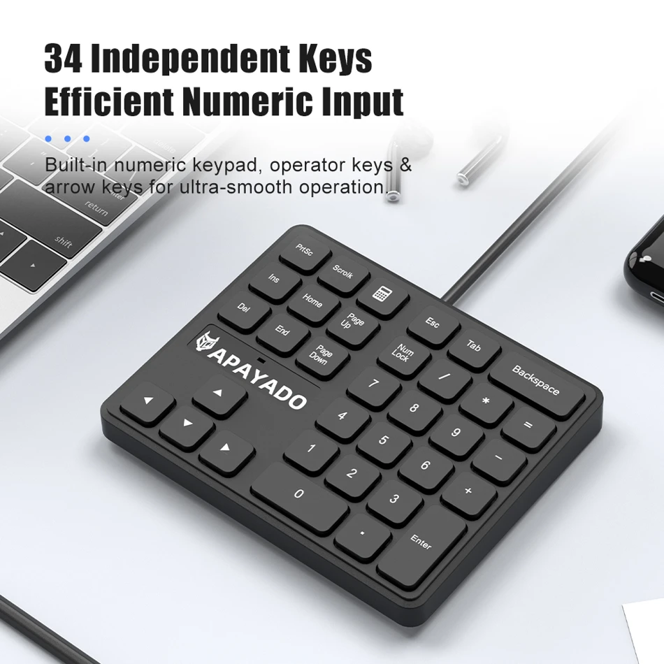 APAYADO T35 Slim Wired Numeric Keypad 34-Key USB Number Pad with Ergonomic Design Anti-Slip Base for Finance Accounting Finance