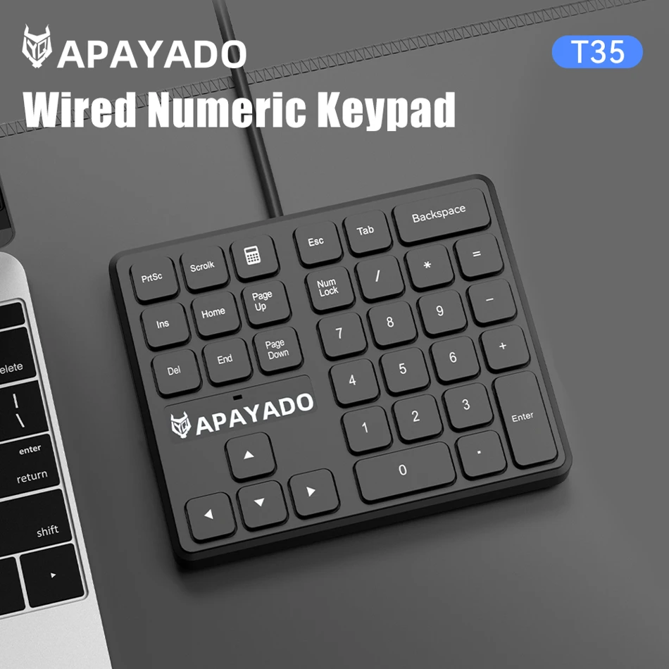 APAYADO T35 Slim Wired Numeric Keypad 34-Key USB Number Pad with Ergonomic Design Anti-Slip Base for Finance Accounting Finance