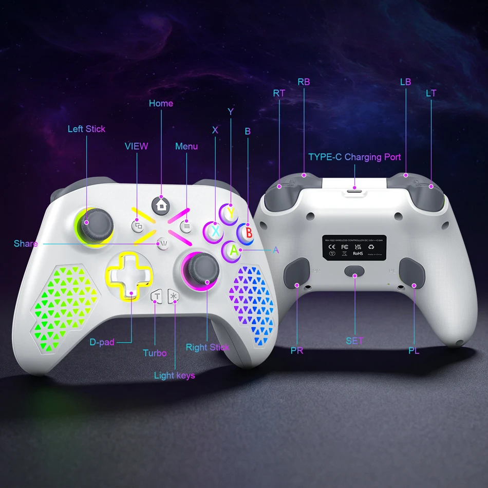 Wireless RGB Gamepad for Xbox Series X, S, and Xbox One with Dual Vibration and 6-Axis Gyroscope