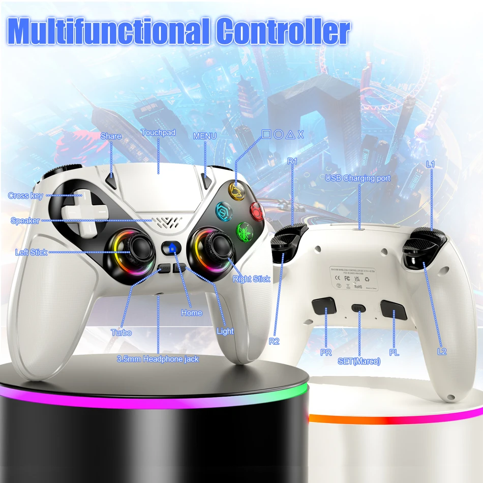Wireless RGB Gaming Controller for PS5 with Turbo, Dual Vibration, and Programmable Buttons for Immersive Console Play