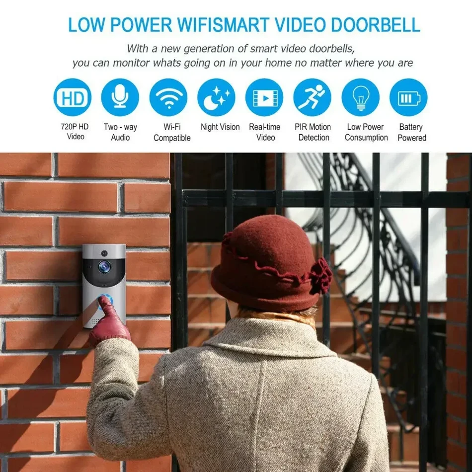 Smart Home Wireless WiFi Video Doorbell Camera 720P HD IR Night Vision AC Battery Operated Security Intercom