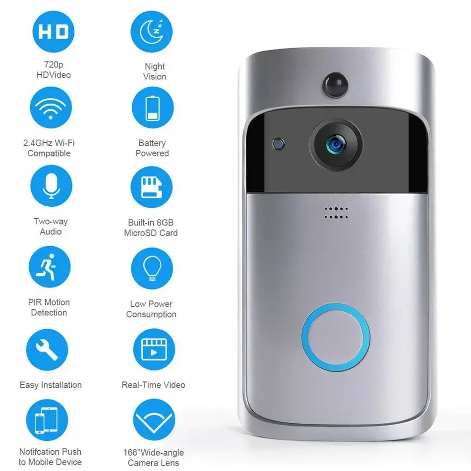 Smart Home Wireless WiFi Video Doorbell Camera 720P HD IR Night Vision AC Battery Operated Security Intercom