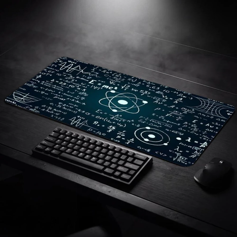 Large Physics Science Formula Gaming Mouse Pad with a non-slip rubber base. This extended desk mat works as a stylish, stable surface for your keyboard and mouse during any gaming