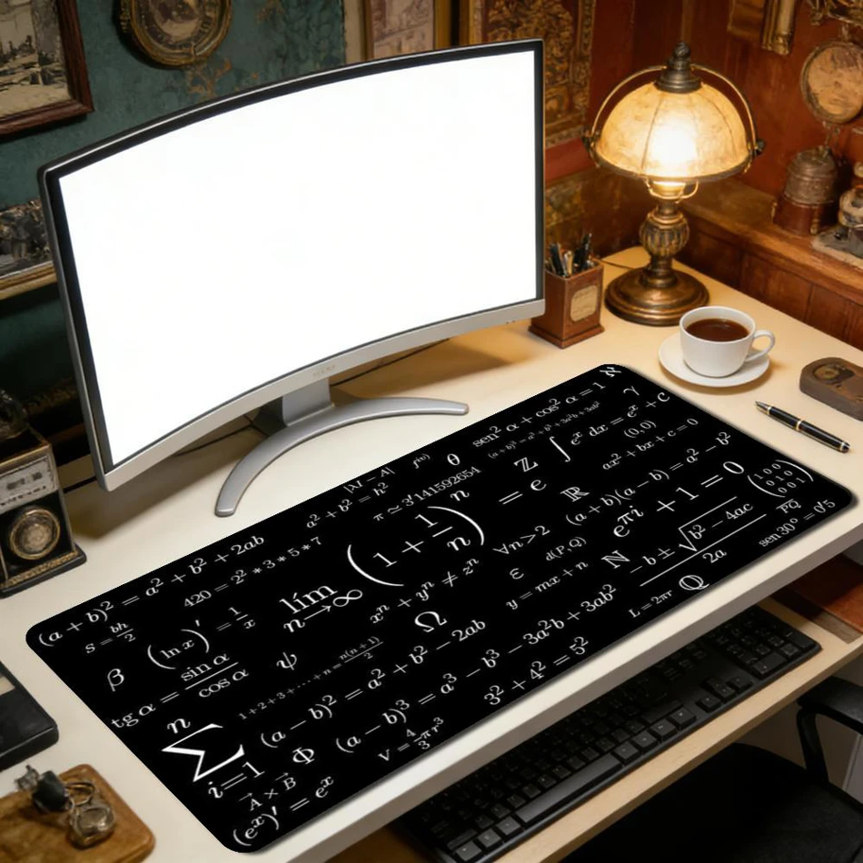Large Physics Science Formula Gaming Mouse Pad with a non-slip rubber base. This extended desk mat works as a stylish, stable surface for your keyboard and mouse during any gaming