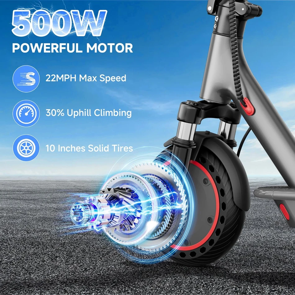NEW 10‘’ Electric Scooter for Adults,500W Powerful Motor,22 Miles Long Range,Dual Braking System,22Mph Max Speed,Foldable E Scooter with Solid Tires,APP Control