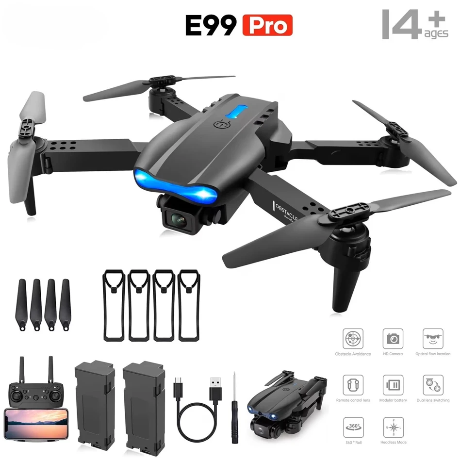 E99 PRO MAX Foldable Drone with Dual HD Camera, HD Screen Remote Control, Extra Batteries, LED Lights, USB Charging