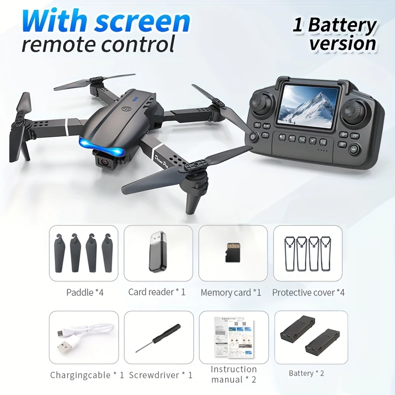 E99 PRO MAX Foldable Drone with Dual HD Camera, HD Screen Remote Control, Extra Batteries, LED Lights, USB Charging