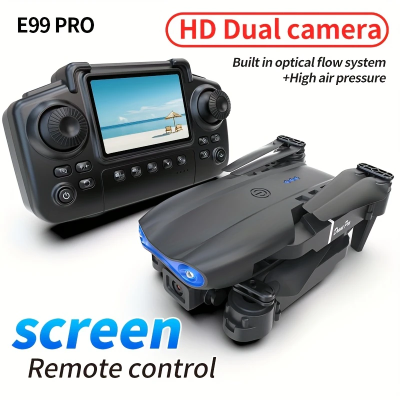 E99 PRO MAX Foldable Drone with Dual HD Camera, HD Screen Remote Control, Extra Batteries, LED Lights, USB Charging