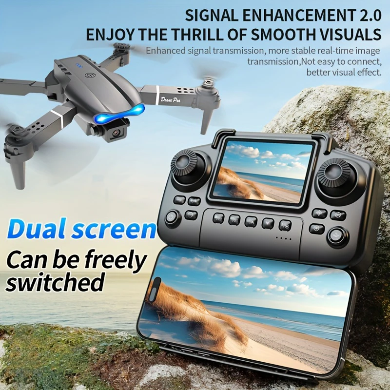 E99 PRO MAX Foldable Drone with Dual HD Camera, HD Screen Remote Control, Extra Batteries, LED Lights, USB Charging