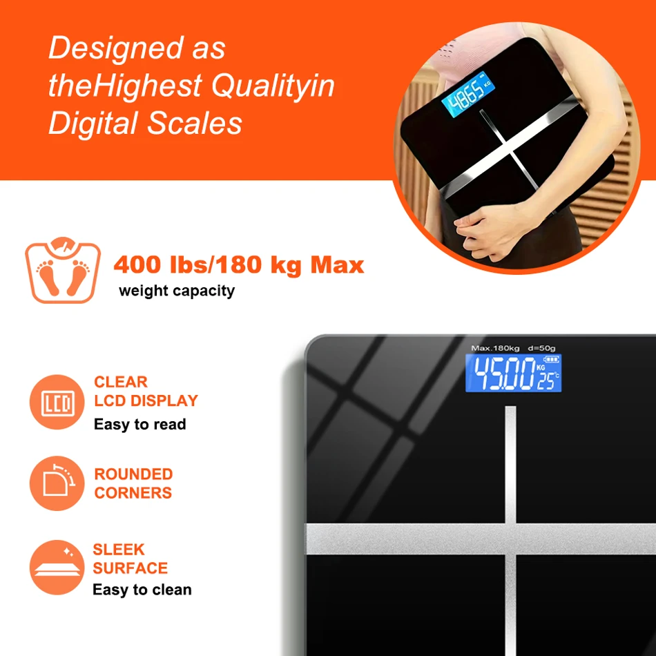 ZNLYRION Digital Bathroom Scale, 180kg 396lb Capacity, LCD Display, Tempered Glass, High Precision Sensors