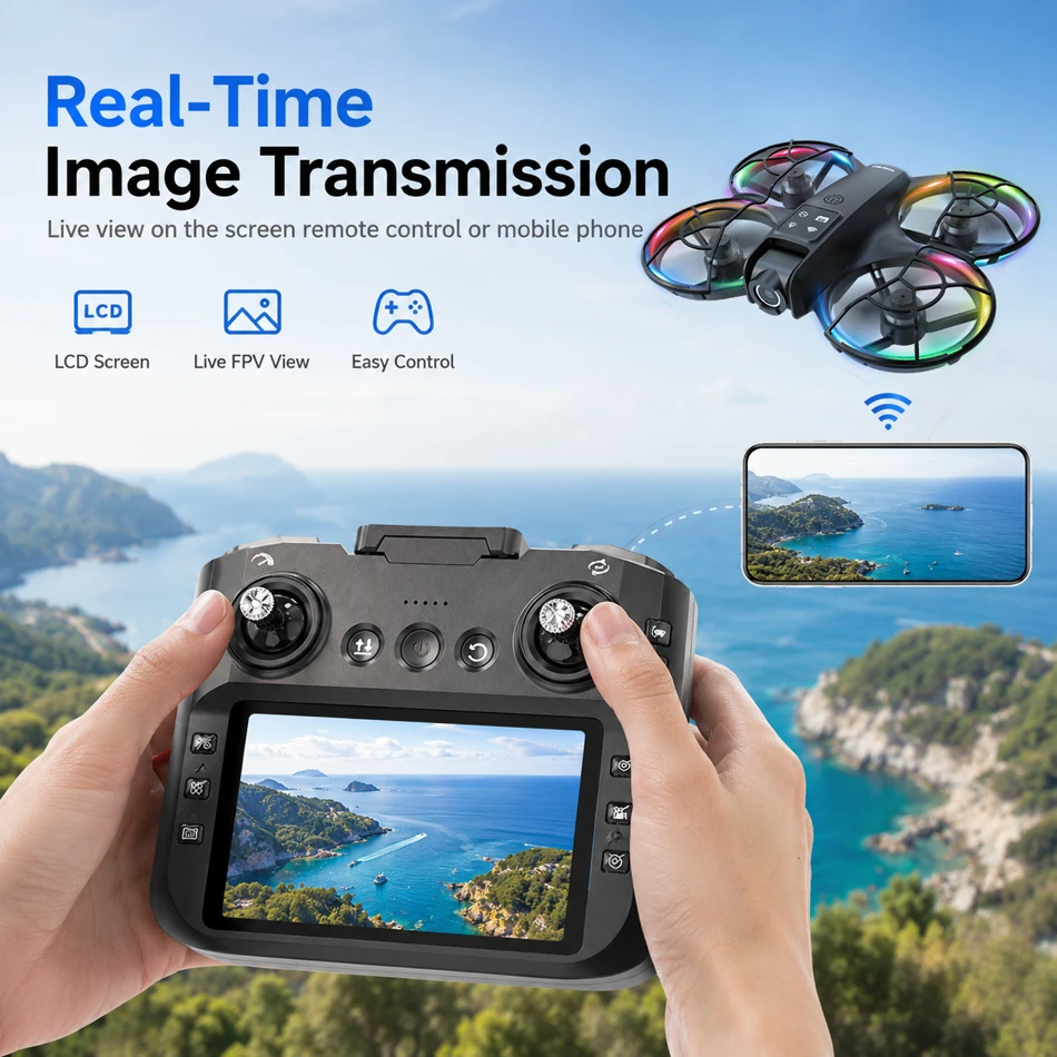 ZNLYRION K200MAX Mini Drone RC Quadcopter, LCD Screen Remote, 180-Degree Electric Adjustable Camera, Brushless Motor, Optical Flow Hover, RGB Colorful Light